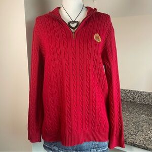 Lauren Ralph Lauren Large Red Embroidered Cable Knit Quarter Zip Sweater